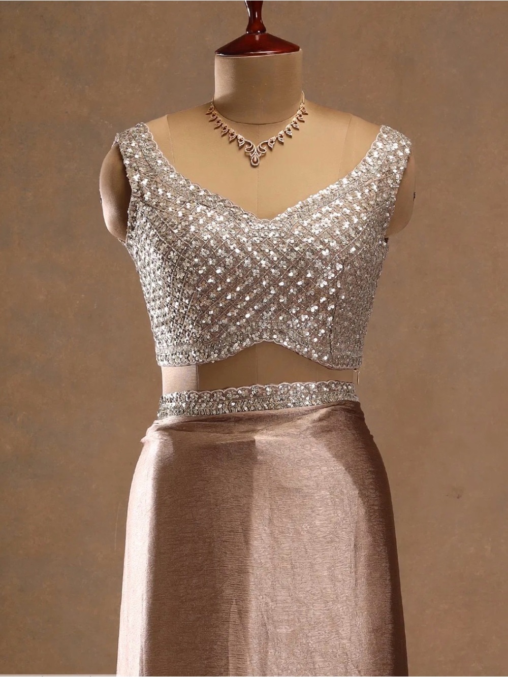 Elegant Beige Satin Saree with Silver Embellished Blouse - Picture 7 of 10